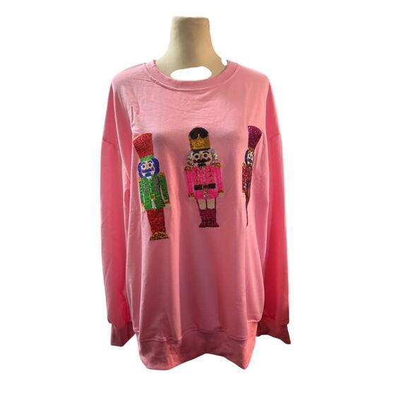 Pink Sweatshirt With Sequined Nutcrackers. Size XL - Picture 1 of 4